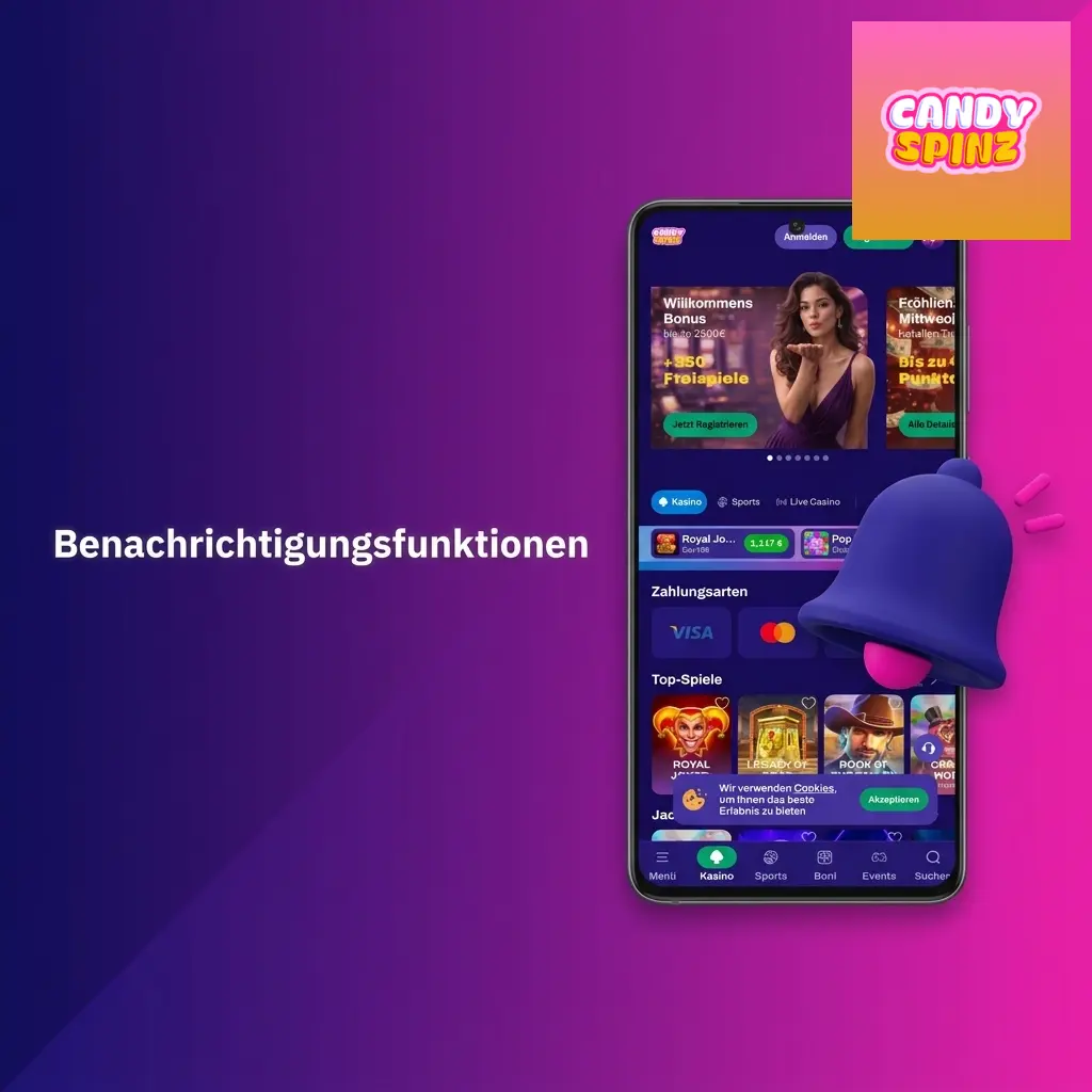 Candy Spinz App Push-Benachrichtigungen für Einzahlungen, Auszahlungen, Boni und Live-Quoten auf dem Smartphone