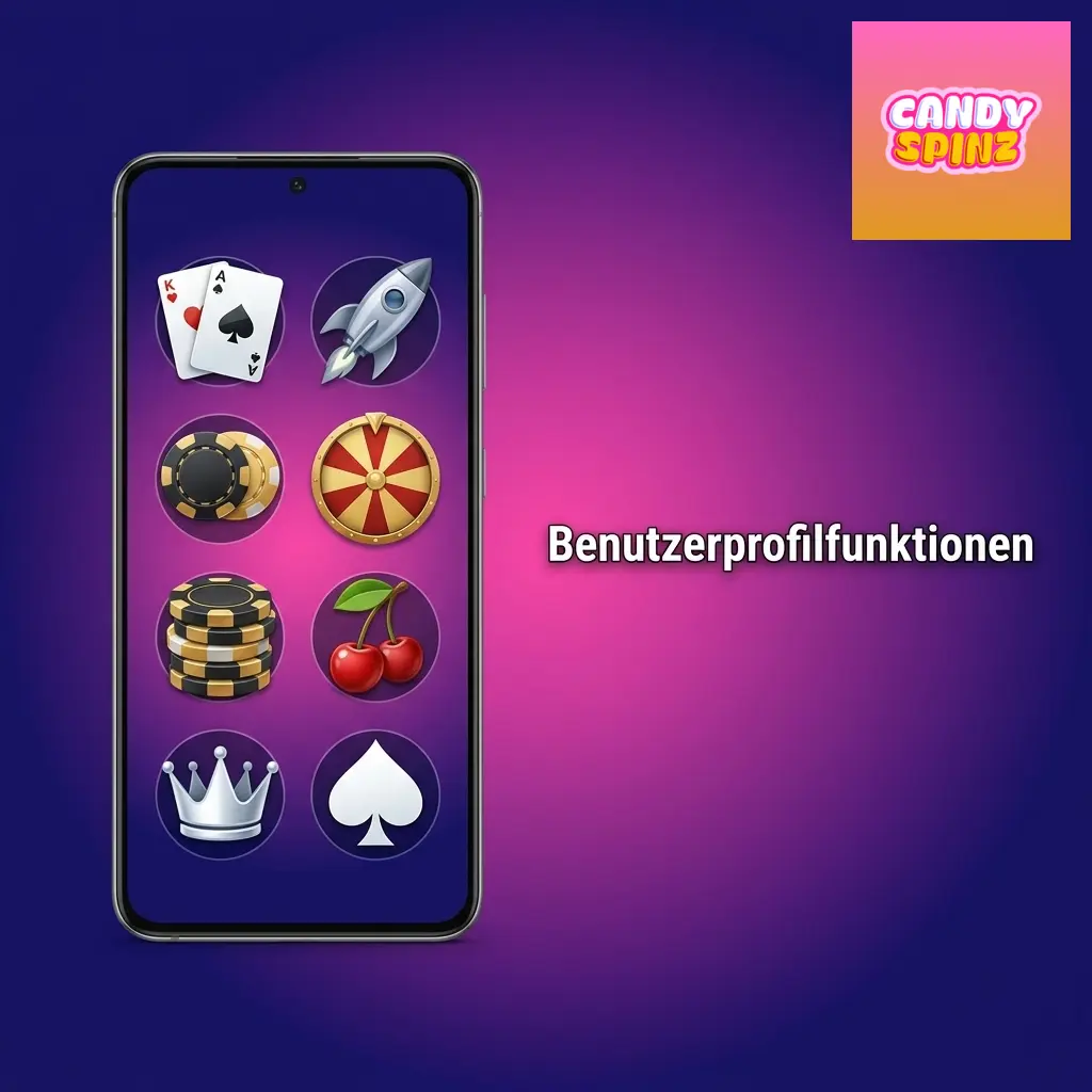 Candy Spinz App Profilbereich mit Kontoverwaltung, Transaktionsverlauf, Limits und Bonusübersicht