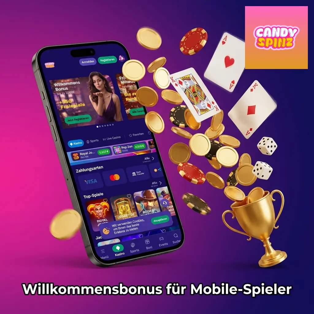 Candy Spinz Willkommensbonus: bis zu 2.500 EUR + 350 Freispiele für neue Spieler über mobile App