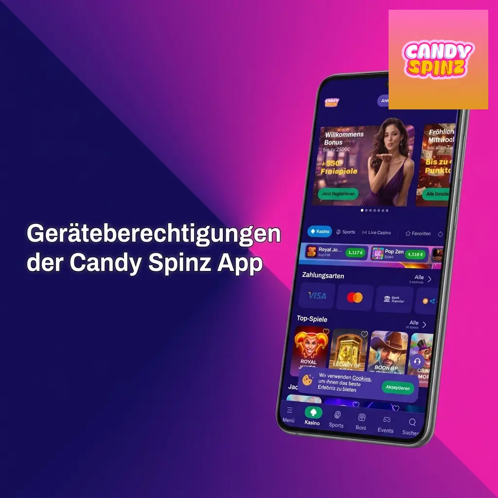 Candy Spinz App Geräteberechtigungen: Internetzugriff, Speicher, Kamera für KYC und Push-Benachrichtigungen auf Android