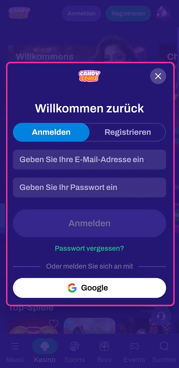 Geben Sie Ihre Zugangsdaten ein für die Anmeldung im System bei Candy Spinz.