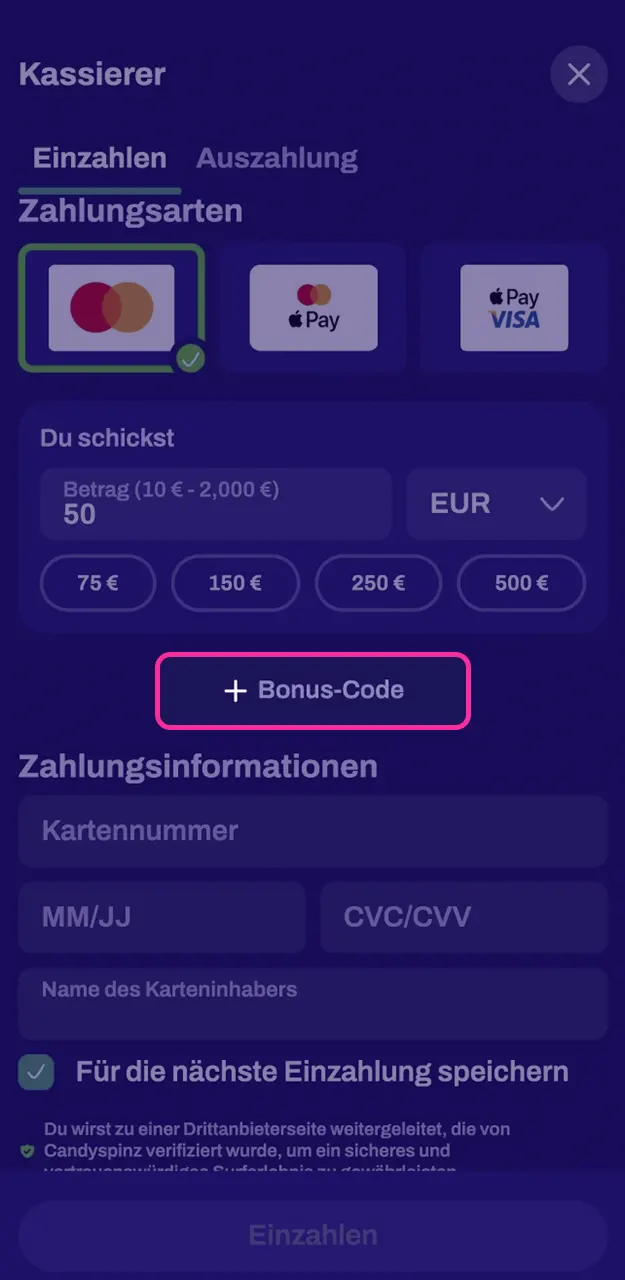 Tippen Sie die exklusive Kombination ein für das Bonuscode eingeben bei Candy Spinz.