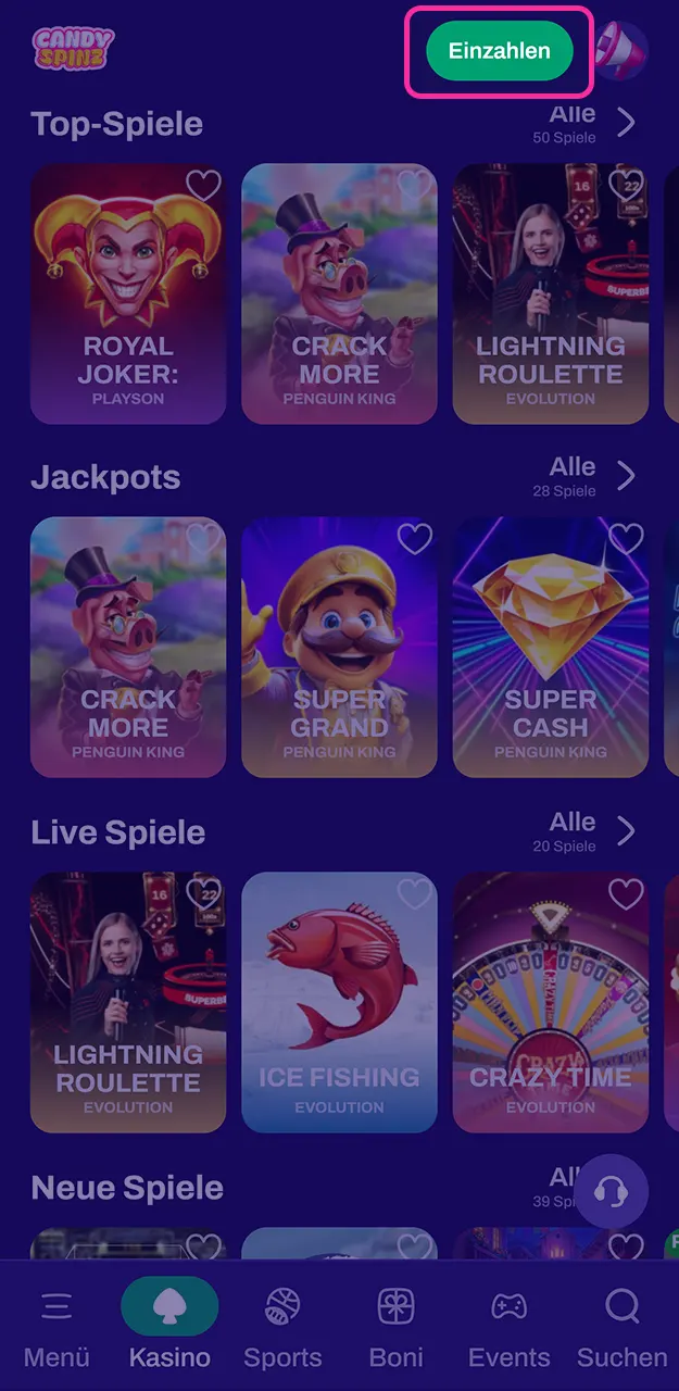 Laden Sie Ihr Konto auf und erhalten Sie einen Bonus bei Candy Spinz.