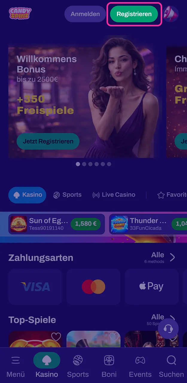 Erstellen Sie ein neues Spielerkonto und schließen Sie die Registrierung ab bei Candy Spinz.