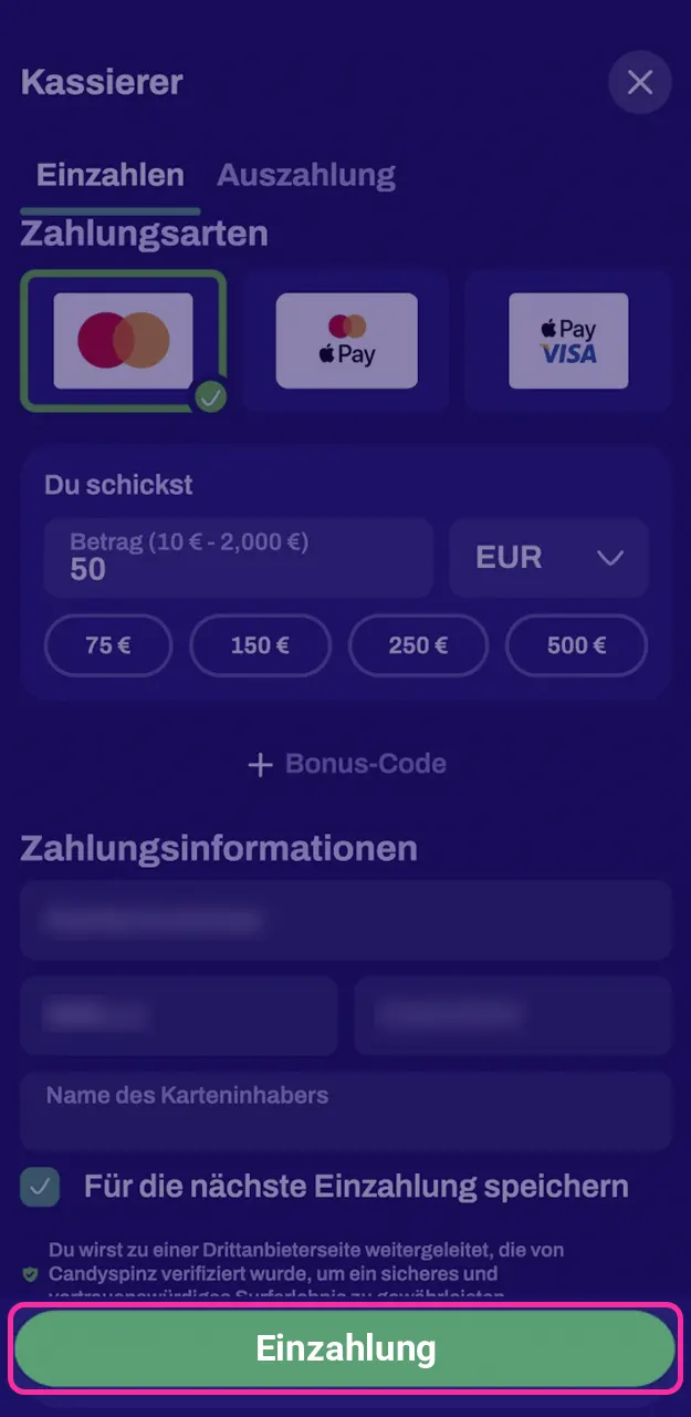 Schließen Sie Ihre Einzahlung bei Candy Spinz ab und sichern Sie sich den Bonus mit dem Promo-Code.