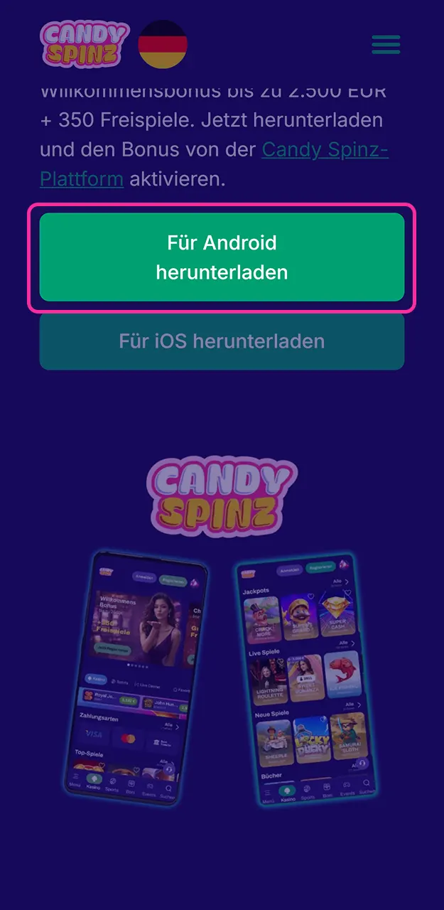 Klicken Sie auf die Schaltfläche, um die Installation der Candy Spinz-App zu starten.