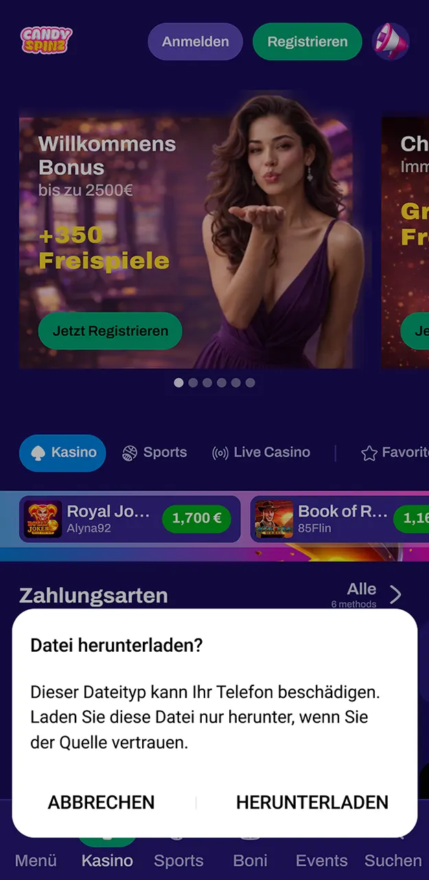 Bestätigen Sie den Download der Candy Spinz-App.