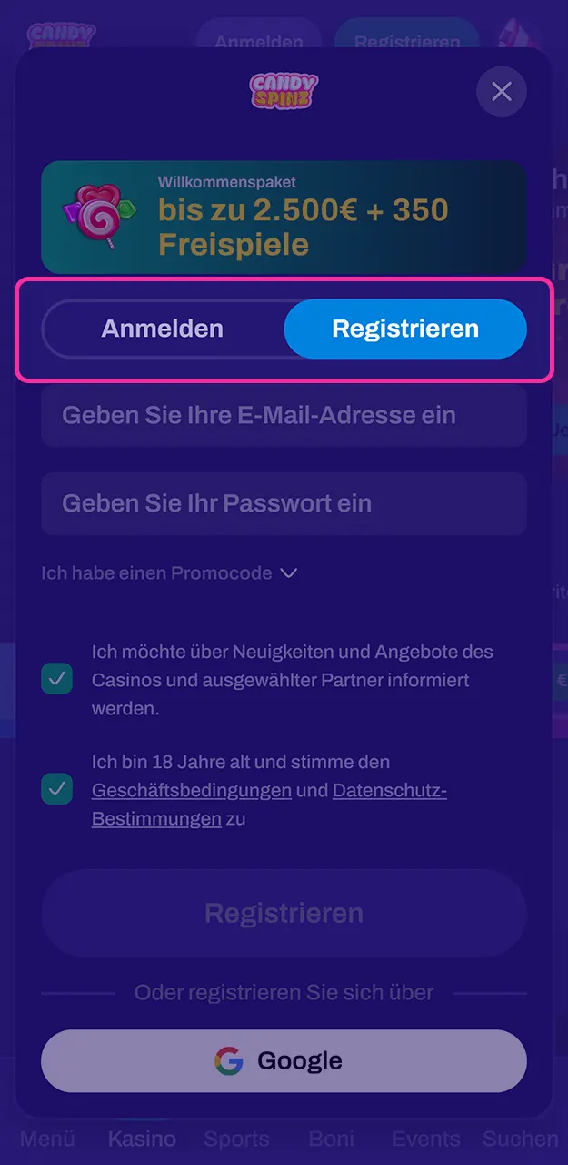 Registrieren Sie sich und laden Sie die iOS-App bei Candy Spinz herunter.