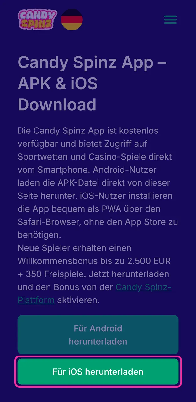 Erfahren Sie, wie Sie die iOS-App bei Candy Spinz herunterladen können.