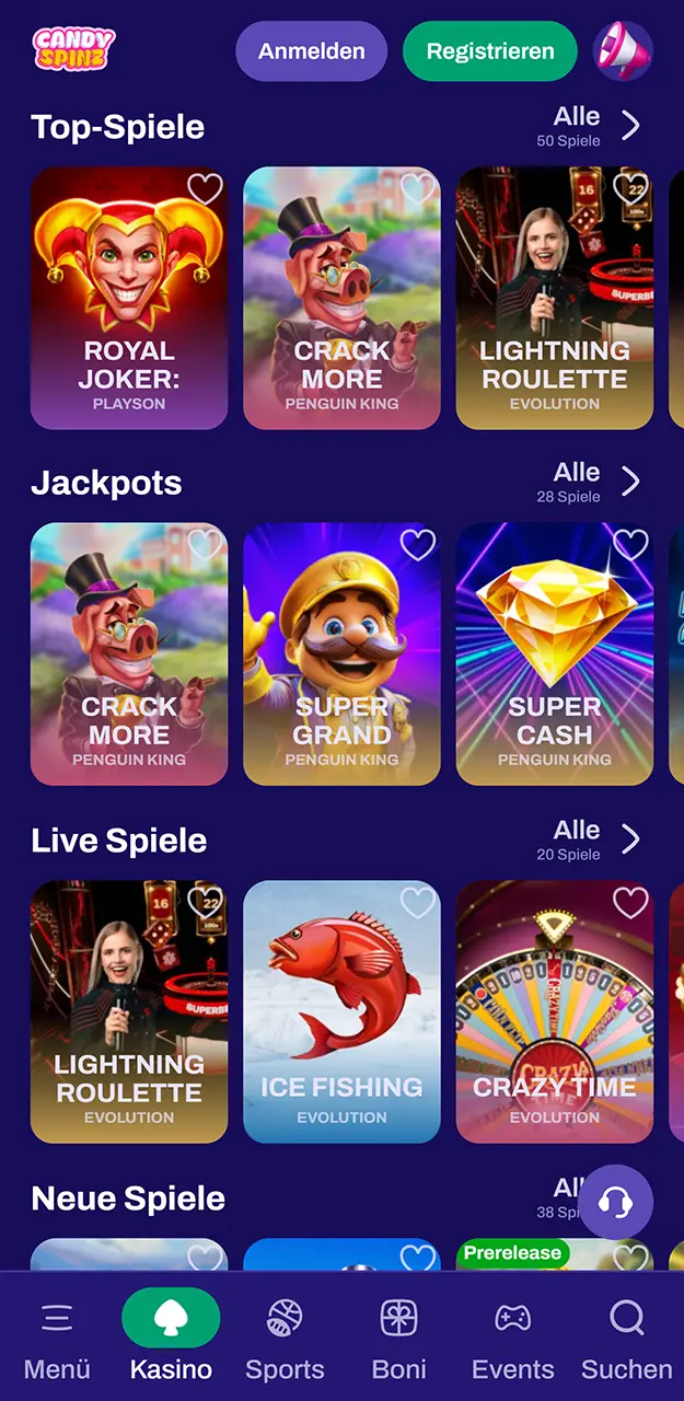 Finde dein Lieblings-Casino-Spiel in der Candy Spinz-App.