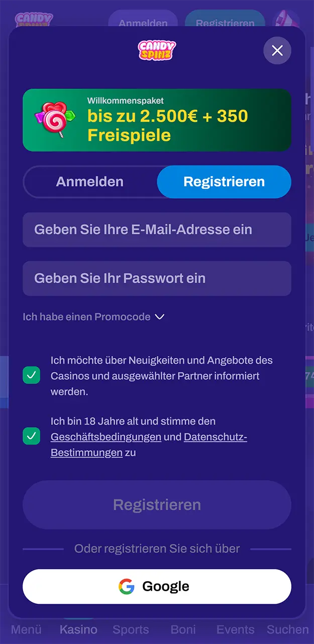 Entscheiden Sie sich für eine bequeme Registrierungsmethode in der Candy Spinz-App.