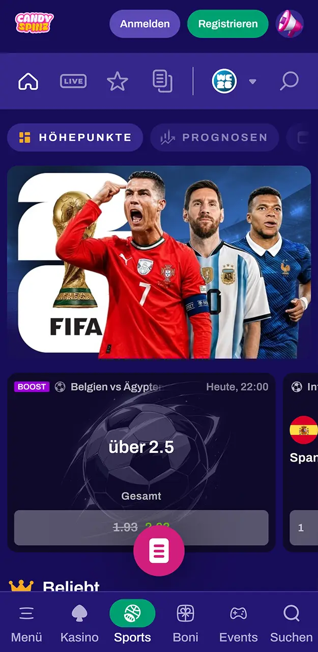 Wählen Sie in der Candy Spinz-App die Sportveranstaltungen aus, auf die Sie wetten möchten.
