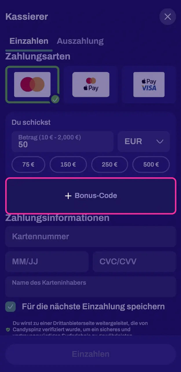 Tippen Sie die exklusive Bonus-Kombination ein für das Promo-Code eingeben bei Candy Spinz.