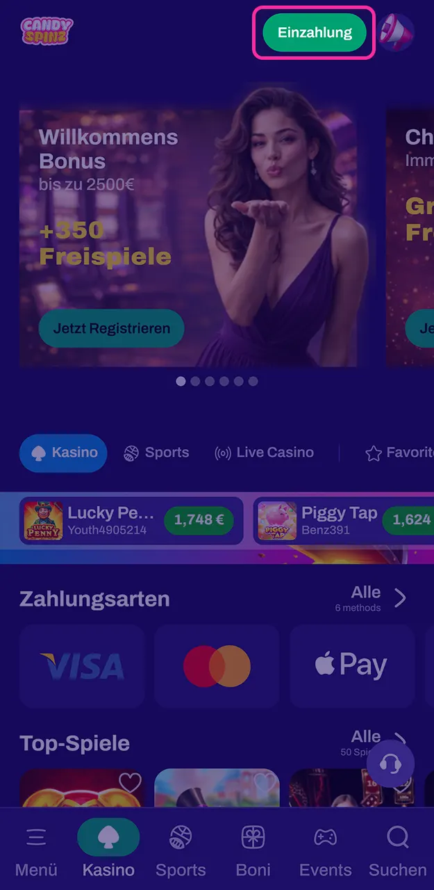 Wählen Sie eine sichere Zahlungsmethode für Ihre erste Einzahlung bei Candy Spinz.