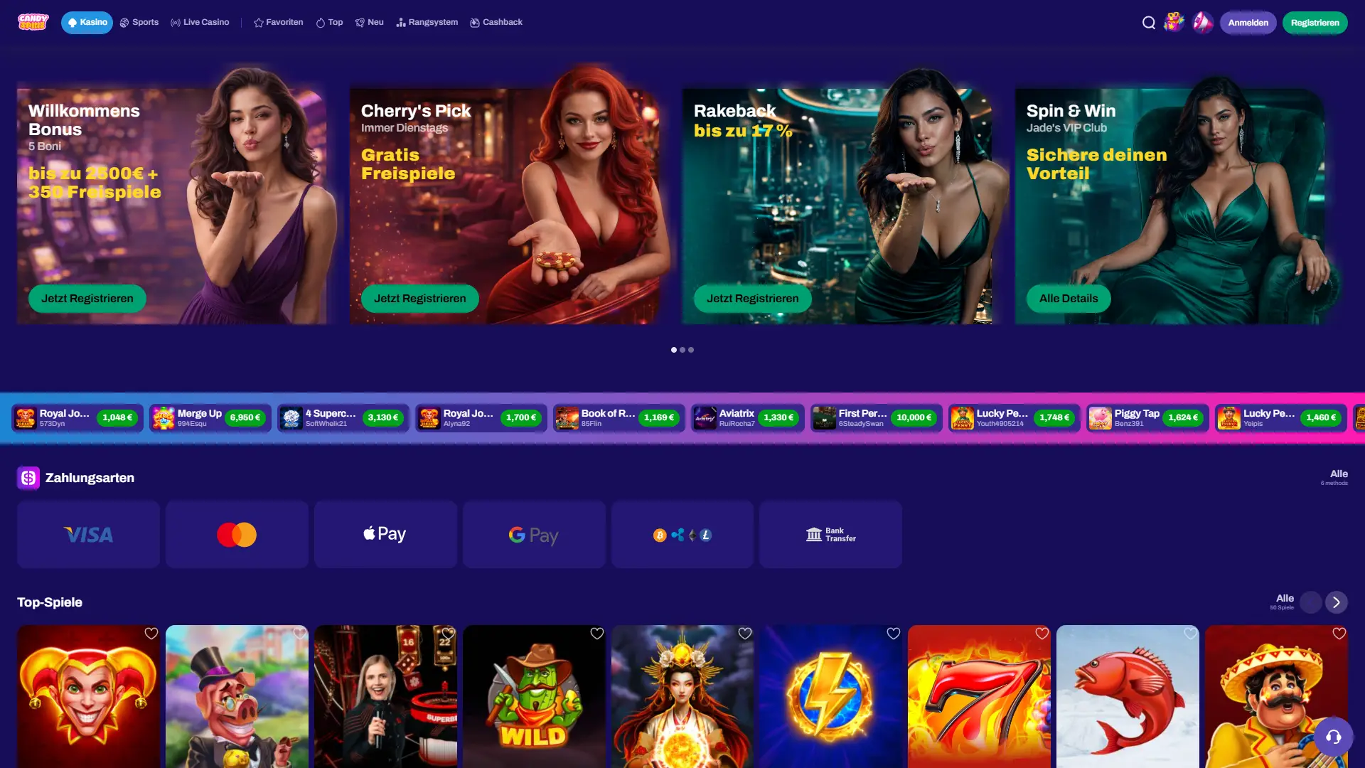 Spieler entscheiden sich für Candy Spinz, um Wetten abzuschließen und Casino-Spiele zu spielen.