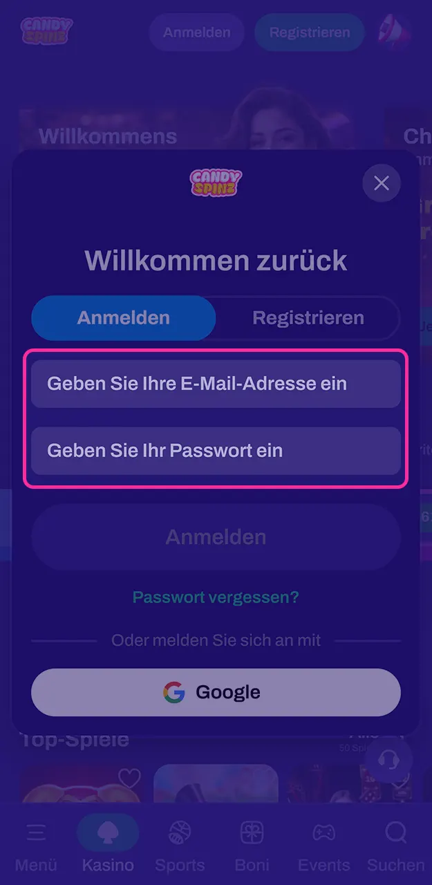 Geben Sie Ihren Benutzernamen und Ihr Passwort ein, wenn Sie sich bei Ihrem Candy Spinz-Konto anmelden.