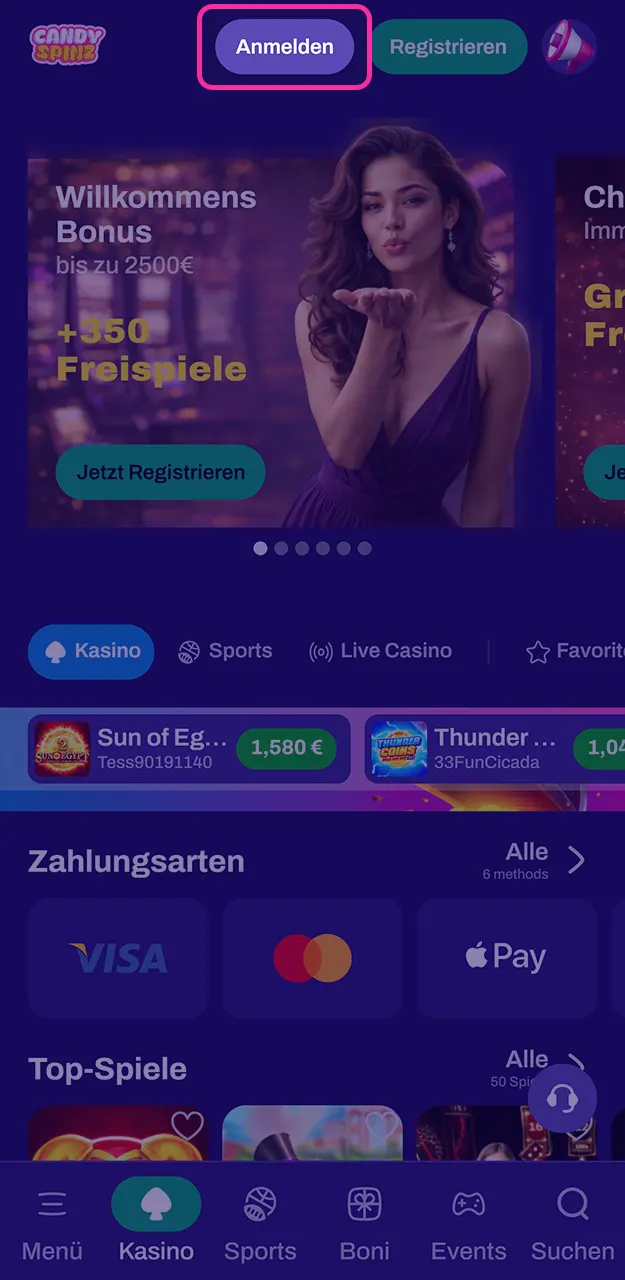 Öffnen Sie das Anmeldefenster bei Candy Spinz.