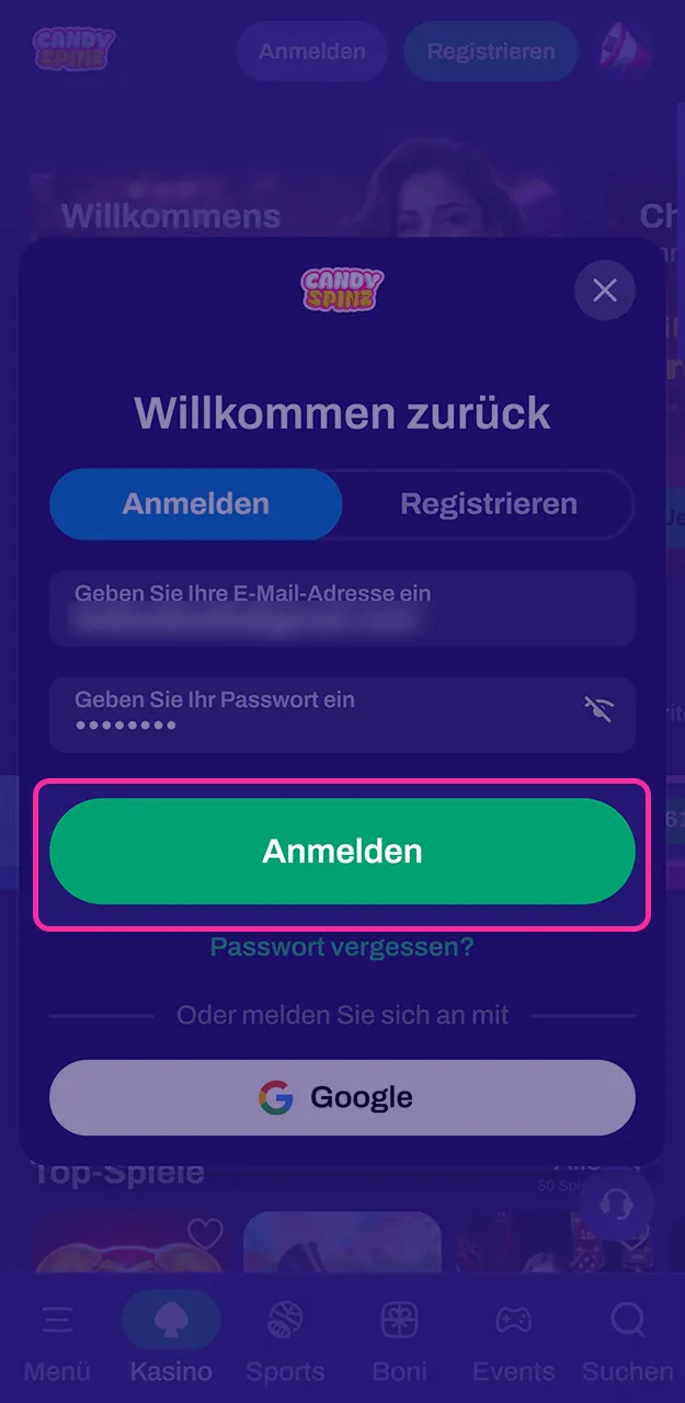 Melden Sie sich bei Ihrem Candy Spinz-Konto an.
