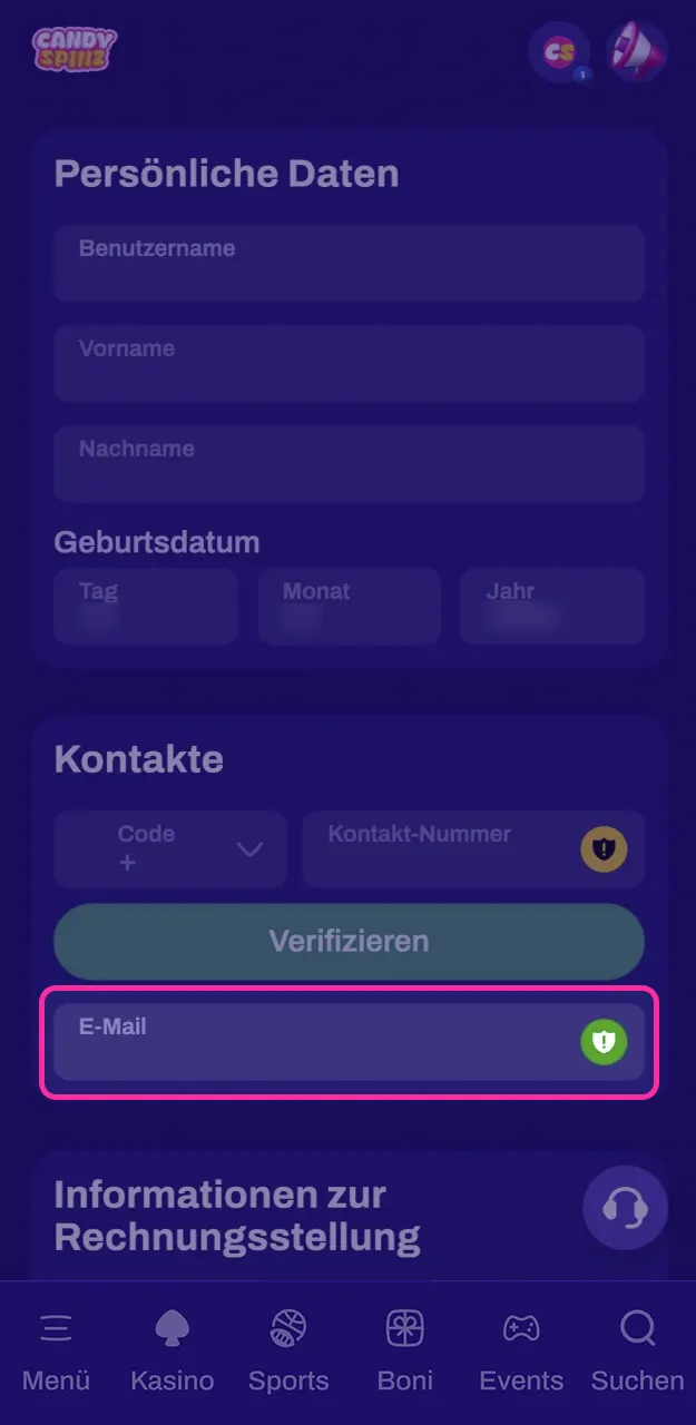 Bestätigen Sie Ihre E-Mail-Adresse bei Candy Spinz.