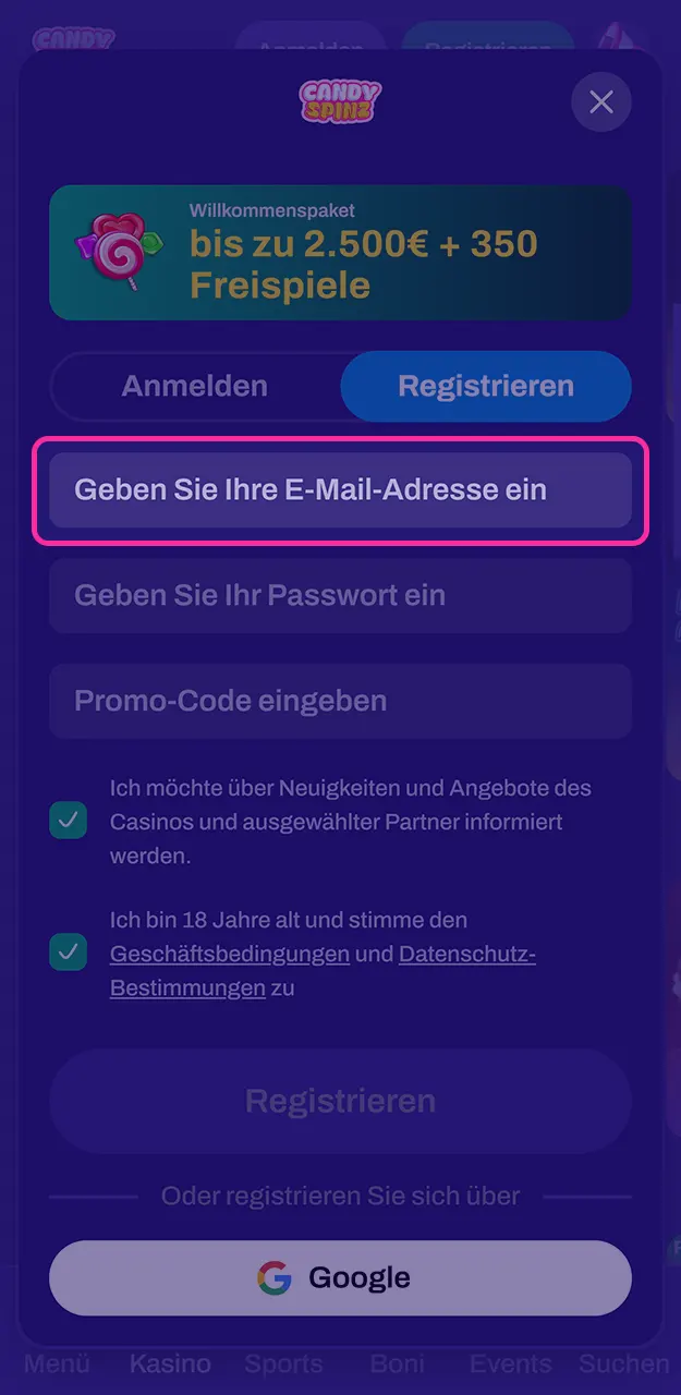 Füllen Sie die leeren Felder des Formulars aus und geben Sie Ihre persönlichen Daten bei Candy Spinz ein.
