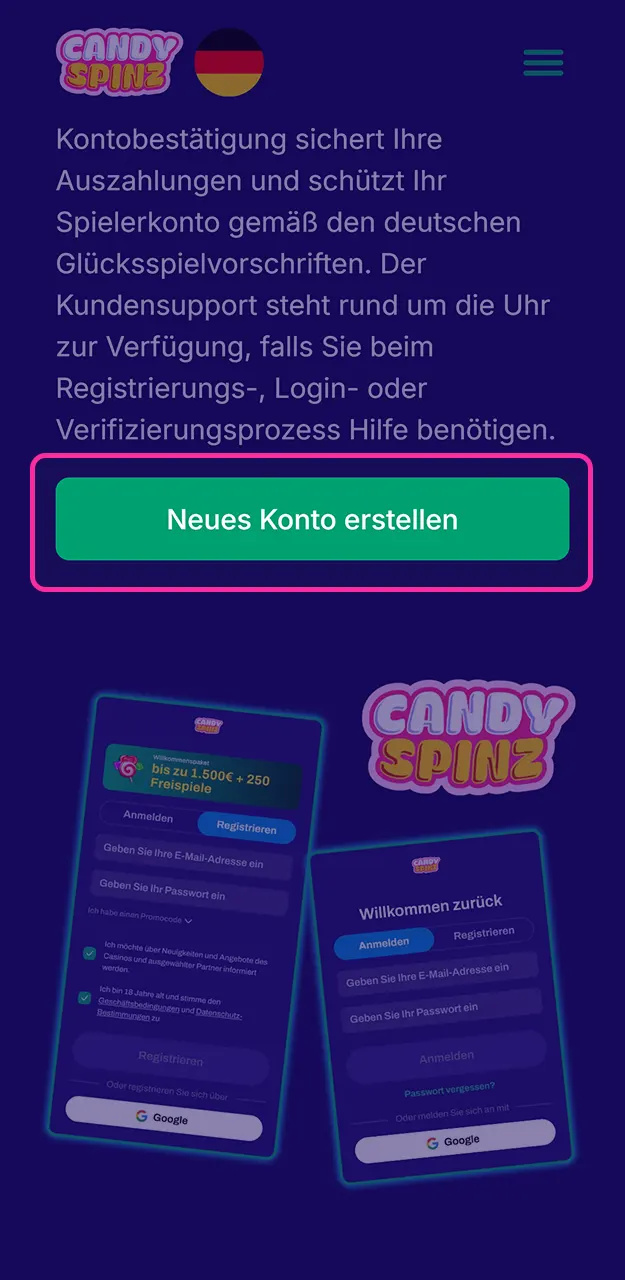 Erstelle ein neues Konto bei Candy Spinz.