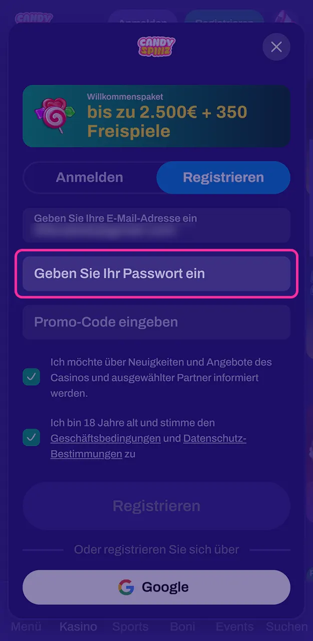 Wählen Sie bei der Registrierung bei Candy Spinz ein sicheres Passwort.