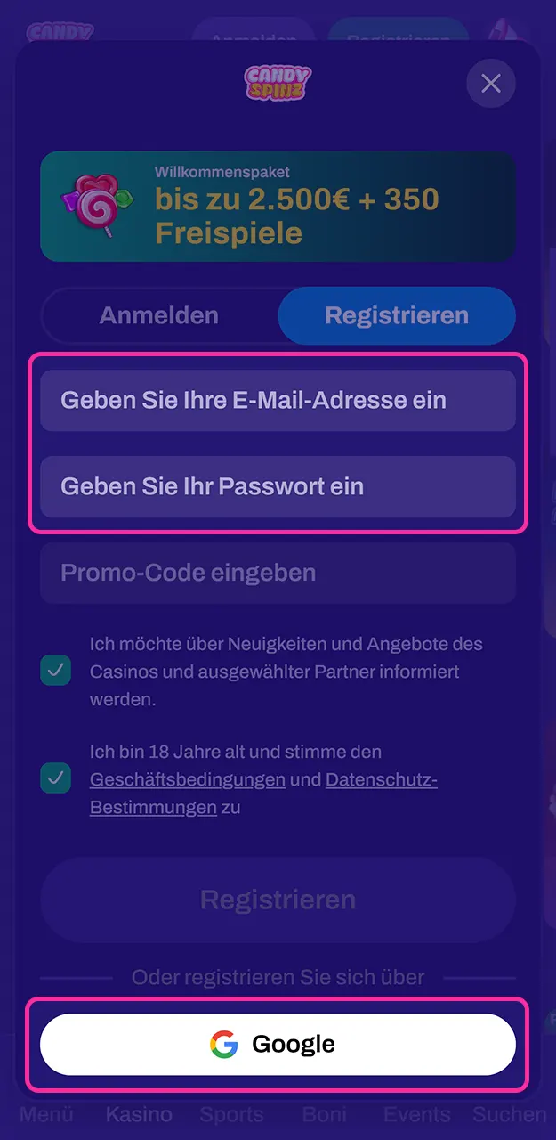 Wählen Sie eine Registrierungsmethode bei Candy Spinz aus.