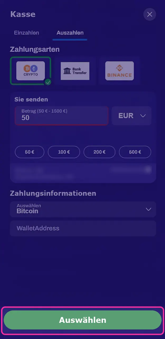 Klicken Sie auf die finale Bestätigungsschaltfläche, damit Sie Ihre Auszahlungsanfrage absenden bei Candy Spinz.
