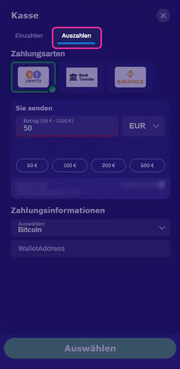 Gehen Sie zum Bereich Auszahlungen auf Candy Spinz.