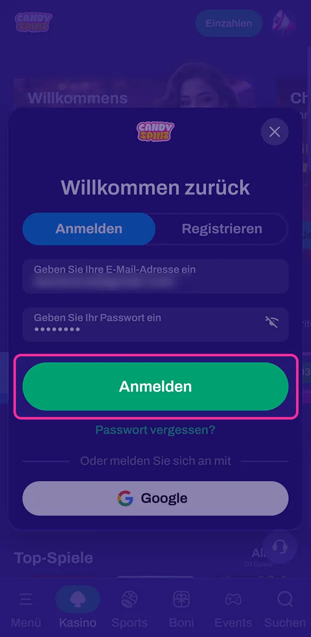 Tragen Sie Ihre E-Mail-Adresse und das Passwort ein, damit Sie sich Im Konto einloggen bei Candy Spinz.