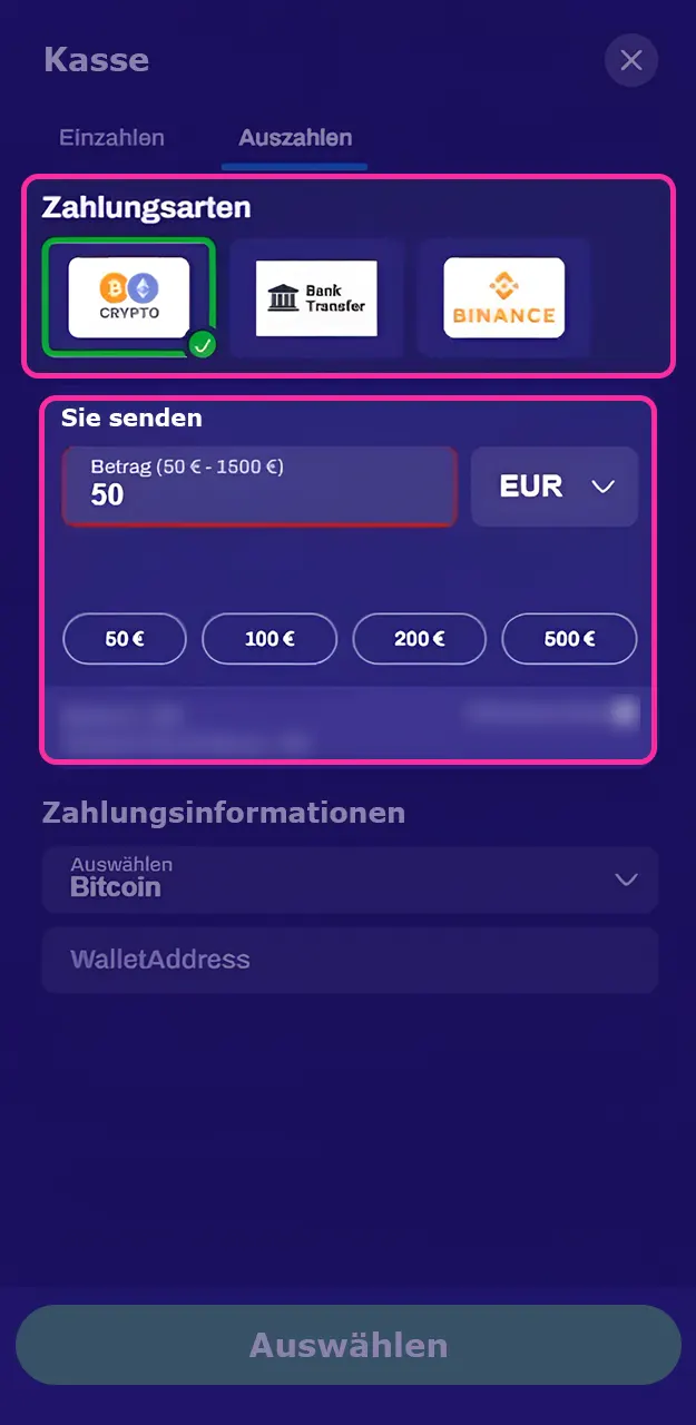 Wählen Sie die Auszahlungsmethode und den Auszahlungsbetrag bei Candy Spinz.