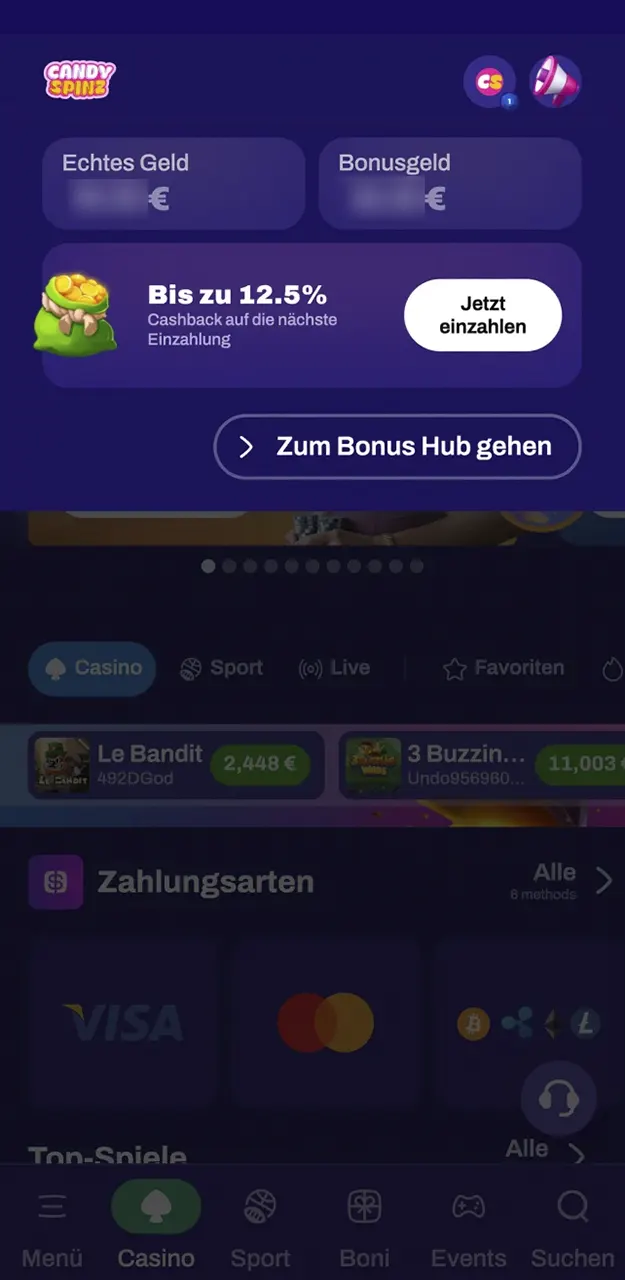 Öffnen Sie Ihre persönliche Geldbörse auf der Plattform, damit Sie das Guthaben prüfen bei Candy Spinz.