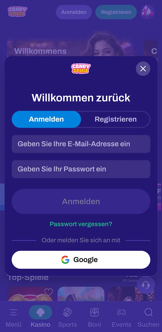 Melden Sie sich bei Ihrem Konto an und tätigen Sie eine Einzahlung bei Candy Spinz.