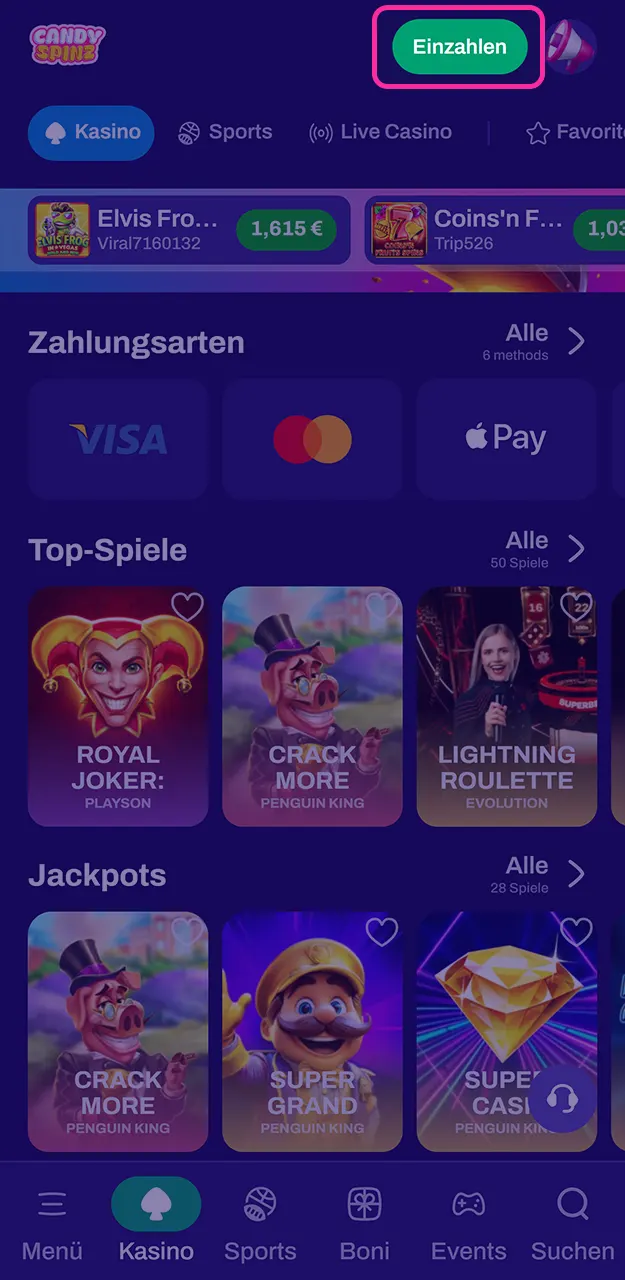 Klicken Sie auf die entsprechende Schaltfläche im Menü, damit Sie Zur Kasse navigieren bei Candy Spinz.